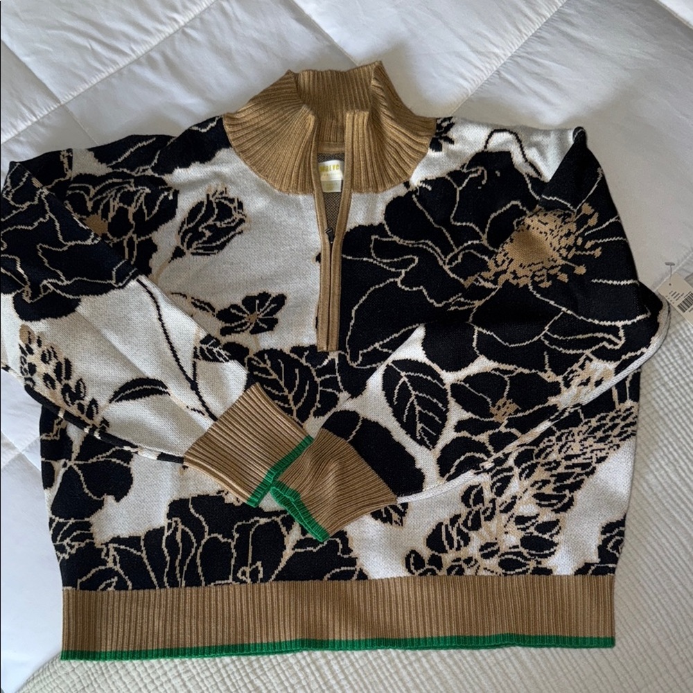 Anthropologie Floral Half-Zip Knit Sweater in Black, Cream & Tan